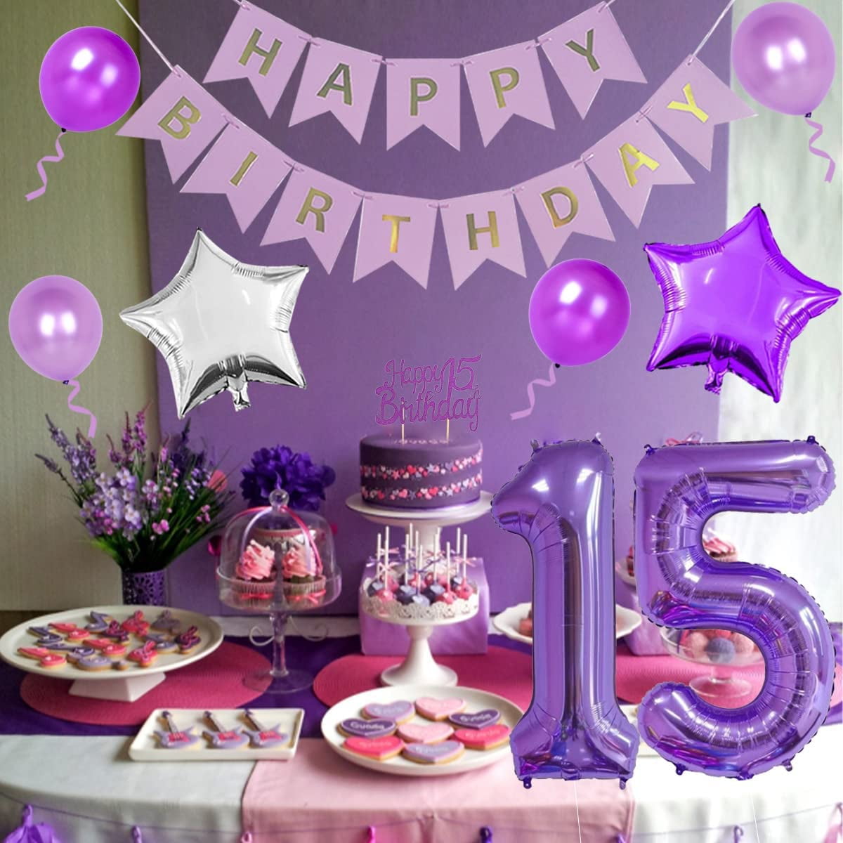 Purple 15th Birthday Decorations for Girls 15th Birthday Party Supplies with Happy 15th Birthday Cake Topper Purple Birthday Girl Sash Number 15 Star Foil Balloons Tinsel Curtain - Walmart.com